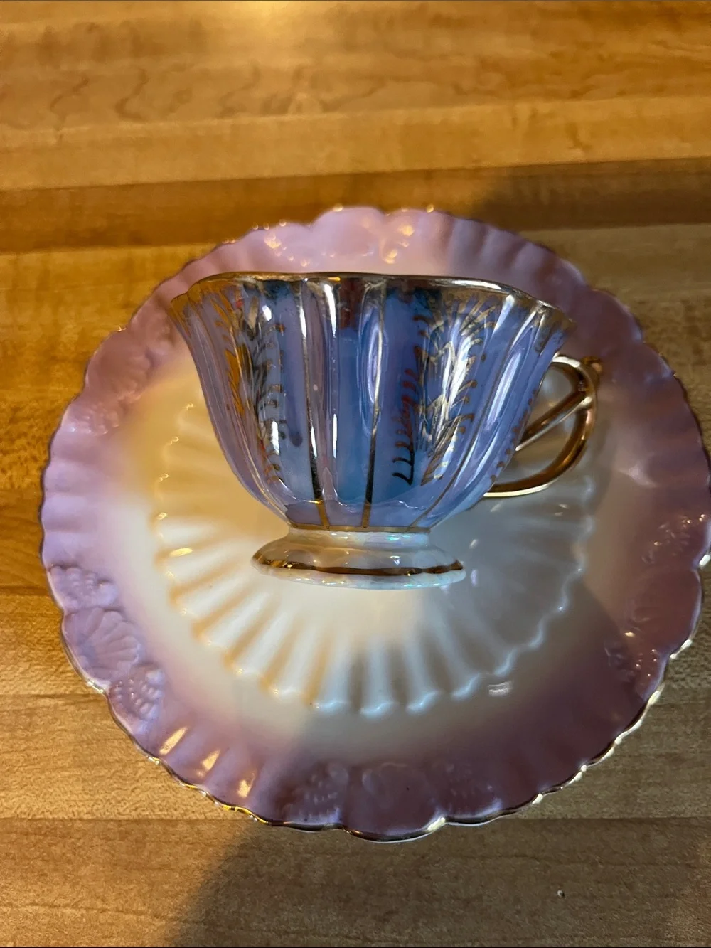 Vintage Japanese Lusterware Porcelain Teacup and Saucer Set with Gold Gilt Trim
